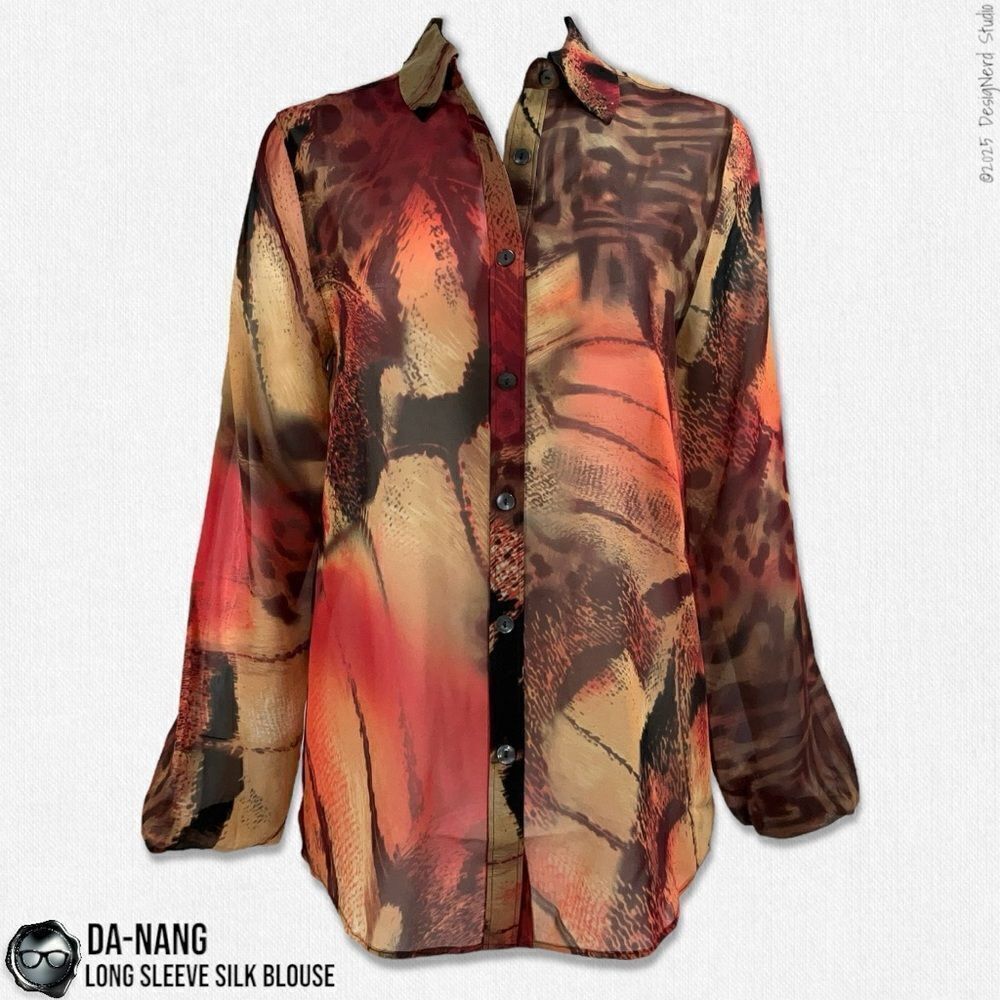 DA-NANG BOHEME SILK BUTTON DOWN LONG SLEEVE BLOUSE IN VINTAGE SUNSET ABSTRACT